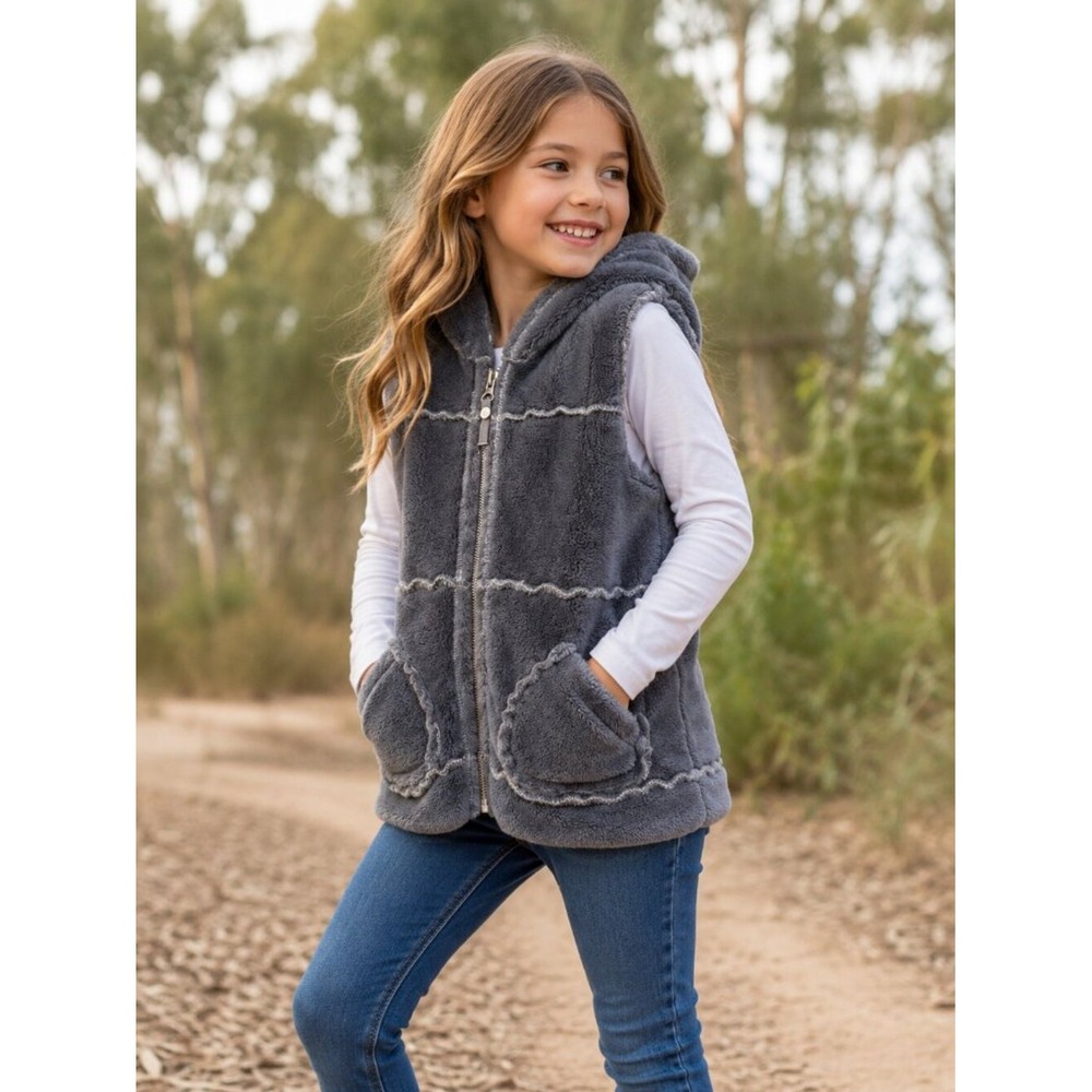 Girls Ragdoll & Rockets Gray Hooded Sherpa Fleece Vest Size 6X NWT Winter Layer